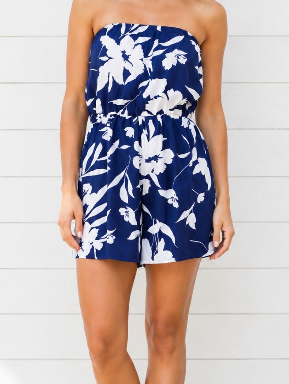 Navy Blue Strapless Floral Romper